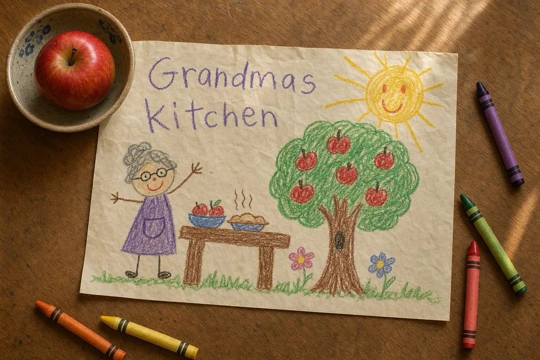 A child&rsquo;s crayon drawing on cream paper showing a grandmother figure beside an apple tree and a brown table labeled &lsquo;Grandmas kitchen&rsquo; in wobbly handwriting, with crayons and a red apple beside it on a wooden table.