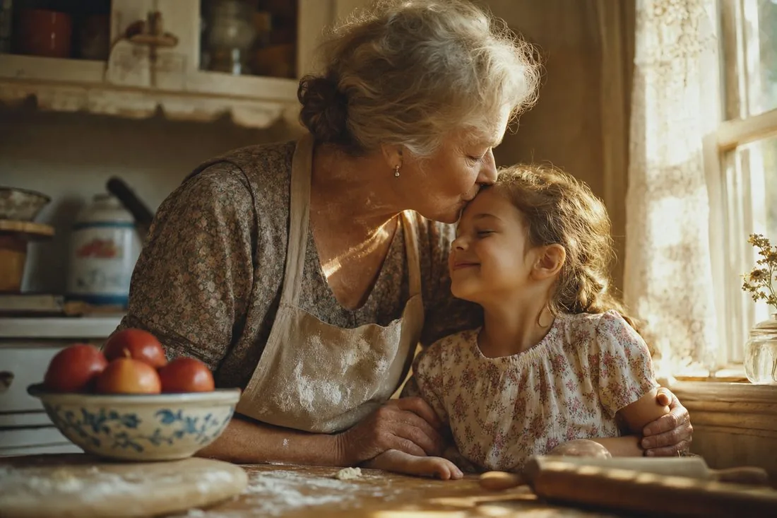 A grandmother gently kissing her young granddaughter on the forehead in a sunlit warm kitchen, with a ceramic bowl of red apples on the wooden table beside them.