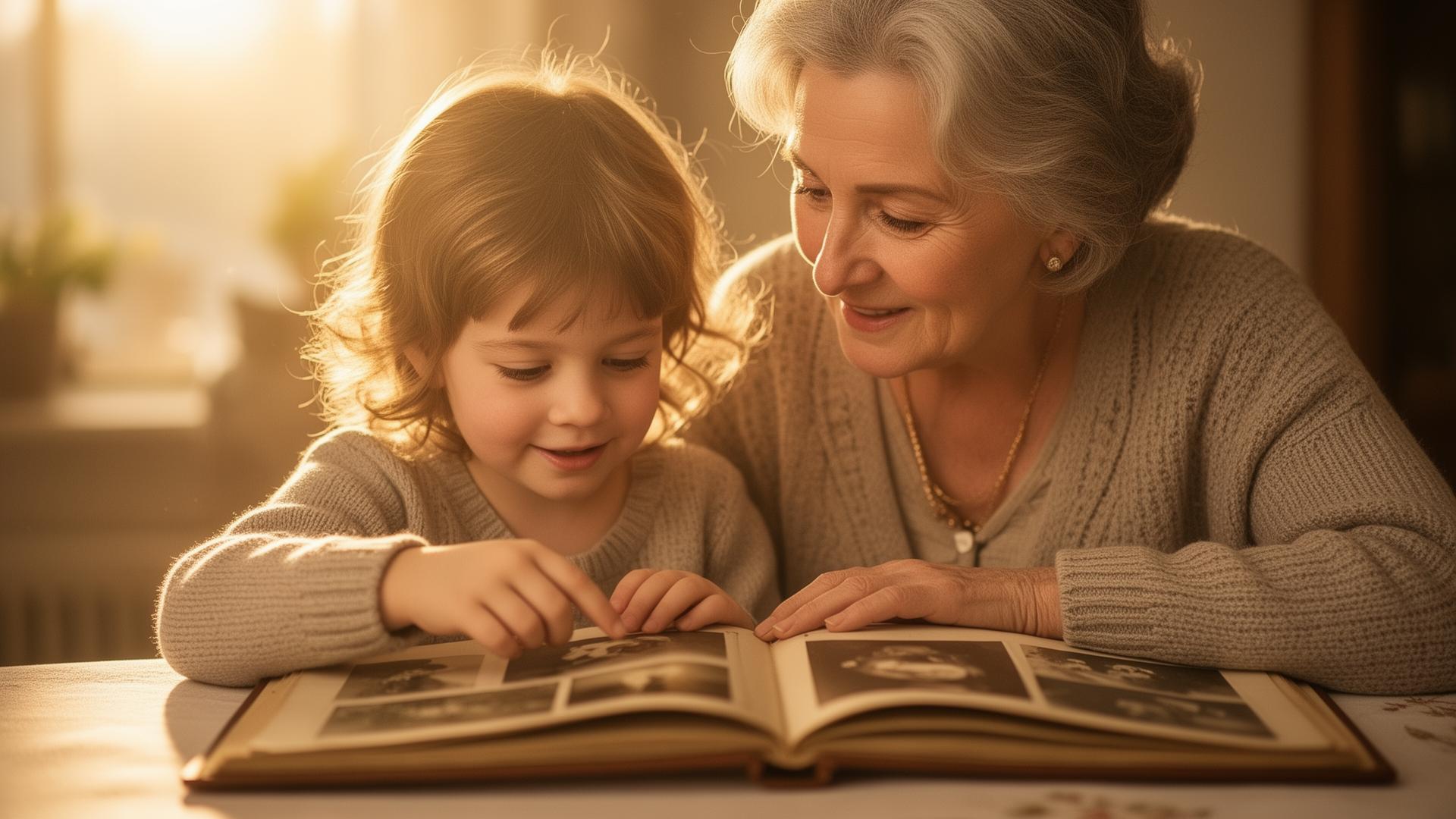 Weathered family photographs spread on a wooden table, warm lamplight